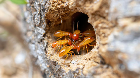 This detailed image showcases a group of termites emerging from their nest within a tree trunk, highlighting their intricate structure and behavior in a natural setting.の素材