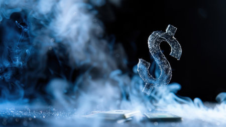 A striking image featuring a glowing dollar sign enveloped in swirling smoke, symbolizing finance and wealth amid a dark backdrop.の素材