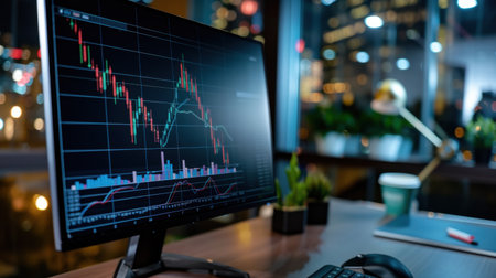 A modern computer screen displaying stock market analysis with colorful trend graphs and charts, surrounded by an urban night view and workspace essentials.の素材