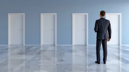 A businessman stands in a sleek modern space, facing multiple doors, symbolizing crucial choices and opportunities in a professional journey.の素材