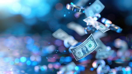 The image features falling one dollar bills set against a beautifully blurred background infused with vibrant colors and bokeh effects, representing themes of wealth and finance.の素材