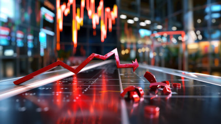A striking representation of a stock market downturn, featuring a vividly rendered red graph and candlestick patterns. The image captures the tension and volatility of trading environments, symbolizing financial risk and market analysis.の素材