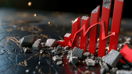 This striking image illustrates the juxtaposition of growth and challenges in business, featuring a red graph amid concrete debris on a dark backdrop, symbolizing market fluctuations.の素材