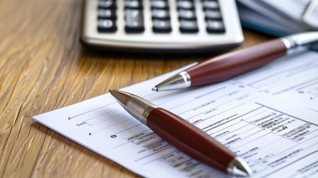 A well-organized professional workspace showcasing financial documents, pens, and a calculator, ideal for effective planning and analysis tasks.の素材