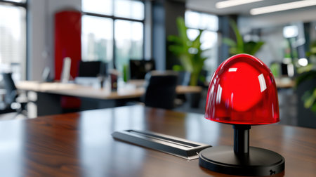 A striking red emergency light sits on a sleek desk in a contemporary office environment, enhancing the workspace with a bold safety signal.の素材