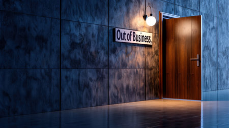 This image captures a dimly lit doorway with a sign reading "Out of Business," symbolizing closure and abandonment in a modern business space.の素材