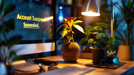 A serene workspace featuring a computer screen displaying an account suspended message. The warm light, lush plants, and inviting decor create a cozy atmosphere.の素材