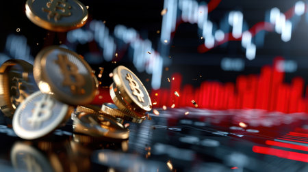 A dynamic image of falling Bitcoin coins over a digital background, showcasing price movements and trends in cryptocurrency investment and finance.の素材