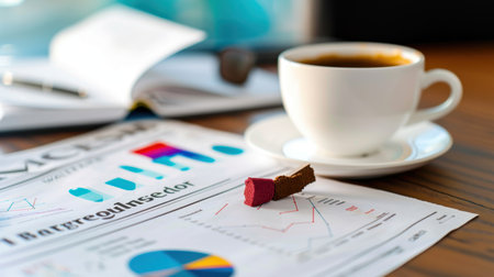 A close view of a workspace featuring a white coffee mug, financial report with colorful charts, and a sweet treat on the table, symbolizing business analysis.の素材