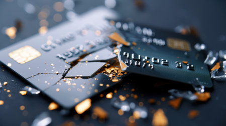 This visually striking image showcases broken credit cards lying on a dark surface, surrounded by fragments of shattered glass. The dramatic lighting accentuates the details, reflecting themes of financial loss and modern banking challenges.の素材