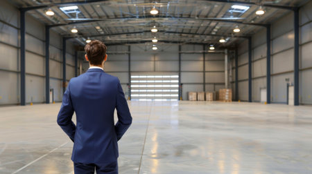 A businessman in a formal suit stands alone in an empty warehouse, gazing at the spacious interior, perfect for discussions about logistics and planning.の素材