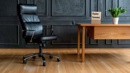An inviting modern office space featuring a sleek leather chair, a polished wooden desk, and a termination notice beside an indoor plant, showcasing a serene environment.の素材
