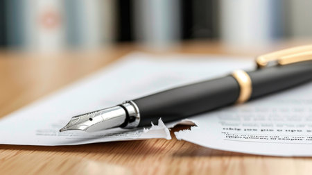A close-up of a stylish fountain pen resting on torn paper, emphasizing the act of writing in a professional workspace filled with blurred books and documents.の素材