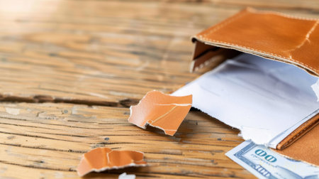 A close-up view of a torn wallet lying on a wooden table. Fragmented leather pieces are scattered alongside cash, representing financial disrepair and loss.の素材