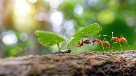 A stunning close-up captures ants collaborating on a log with vibrant green leaves, showcasing nature's intricate ecosystem and teamwork in action.の素材