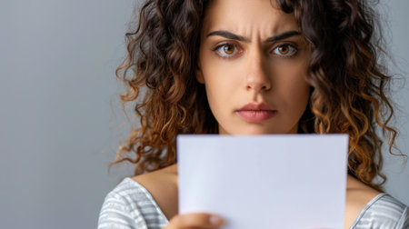 A serious young woman with curly hair holds a blank card, looking intensely at the camera, conveying emotions of contemplation and curiosity.の素材