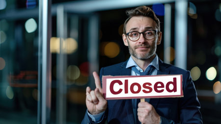 A professional businessman stands indoors at night, holding a sign that reads "Closed." His serious expression conveys the disappointment of business closure against a backdrop of blurred city lights.の素材