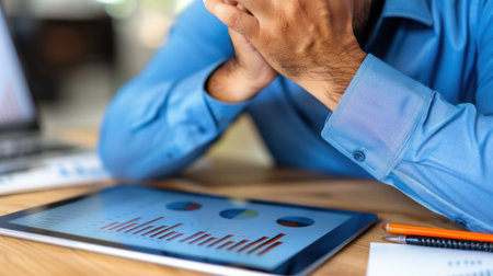 A frustrated professional sits at a wooden desk, analyzing financial data on a tablet. The scene captures the emotion and concentration involved in data analysis.の素材