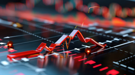A dynamic illustration of a digital financial chart featuring bold red trendlines, representing market fluctuations and analytical insights with engaging visuals.の素材