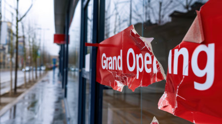 A close-up of a torn grand opening sign on a retail storefront, capturing the urban atmosphere on a rainy day. The photo reflects a moment of anticipation for new business.の素材