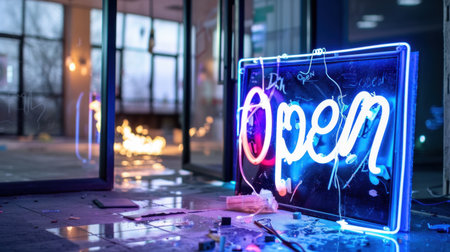 A striking image of a neon "Open" sign amidst an abandoned shop, surrounded by broken glass and debris. This photograph captures an eerie yet colorful urban atmosphere, reflecting themes of decay and chaos.の素材