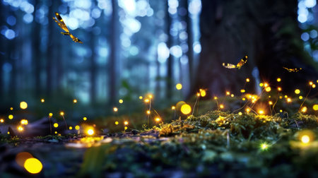 A serene scene depicting a dreamy forest filled with glowing lights and butterflies fluttering through the air, creating a magical atmosphere.の素材