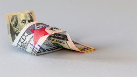 A creative representation of cash featuring a folded dollar bill against a neutral background, emphasizing themes of finance and economy in a minimalist style.の素材