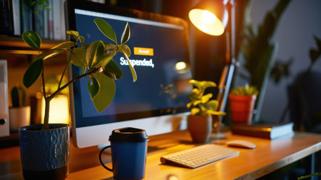 A cozy home office setup featuring a modern computer, a warm desk lamp, lush potted plants, and a coffee cup, set in a serene atmosphere.の素材