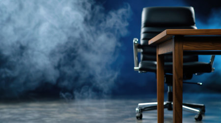 A serene office scene featuring an empty black chair and a wooden desk, shrouded in soft fog, creating an aura of mystery and professionalism.の素材