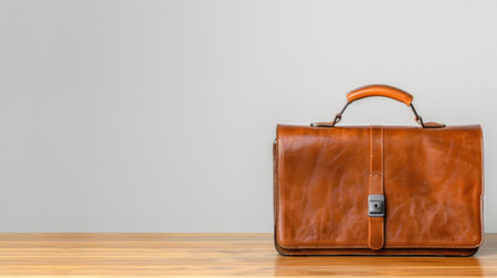 This image features an elegant brown leather briefcase positioned on a smooth wooden table, showcasing its stylish and professional design. Perfect for business use.の素材