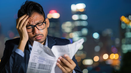 A businessman is outdoors at night, appearing stressed while reviewing financial documents, with a blurred city skyline in the background.の素材