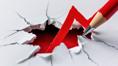 This striking image showcases a pencil breaking through a sheet of paper, revealing a red line that symbolizes growth and success, perfect for business themes.の素材