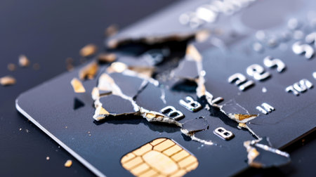 This image showcases a cracked credit card on a dark surface, symbolizing financial worries, transaction failures, and concerns about consumer security in the modern world.の素材