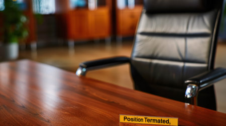 A close-up view of a modern office setting featuring an empty chair and a notice of position termination on a polished desk, symbolizing workplace decisions.の素材