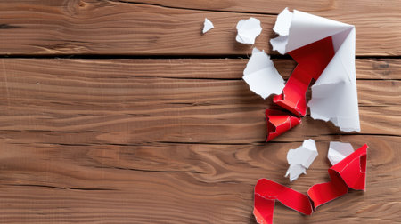 A close-up of crumpled paper and a torn red ribbon scattered on a rustic wooden surface, symbolizing the excitement of holiday preparations and festivities.の素材