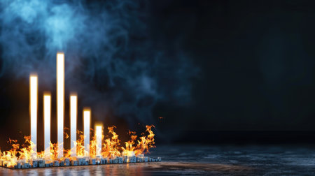 This striking image features abstract bars engulfed in flames, symbolizing financial growth and risk. The dynamic composition conveys energy and transformation in a modern market environment.の素材