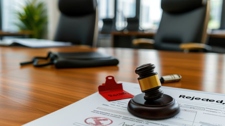 This image captures a gavel placed on a rejection document in a modern office setting, highlighting themes of law, justice, and decision-making in professional environments.の素材