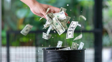 A hand is tossing paper money into a black tin can, surrounded by lush greenery, capturing the essence of investment, wealth, and financial aspirations.の素材