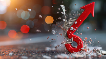 This striking image features a red arrow symbolizing financial growth, dramatically shattering dollar bills against a blurred, colorful background, representing economic success.の素材