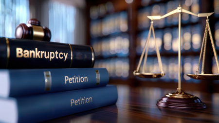 This image showcases a legal setting with books on bankruptcy and petition, alongside the scales of justice, symbolizing the law and legal proceedings.の素材