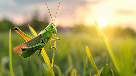 A stunning close-up of a vibrant green grasshopper perched on bright green grass, illuminated by warm sunlight during sunset, showcasing nature's beauty.の素材