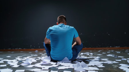 A solitary person sits on a floor cluttered with crumpled paper, symbolizing struggles with creativity and emotional challenges in a minimalistic room.の素材