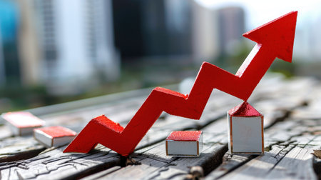 A striking red arrow symbolizing upward growth and progress, placed on a rustic wooden surface with a blurred urban backdrop. This image captures the essence of success and development in business, making it ideal for various financial and motivational contexts.の素材