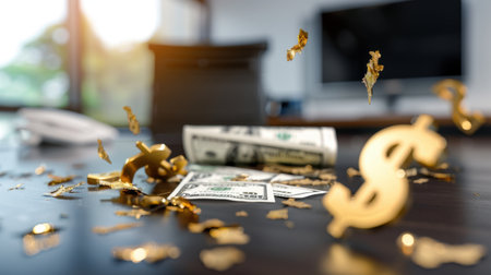 This image features scattered banknotes and golden dollar signs, symbolizing wealth and prosperity in a modern office setting. The composition evokes notions of finance and success.の素材
