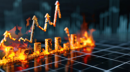 This visually striking image symbolizes financial growth with ascending graphs set against a dark backdrop, enhanced by flames, representing dynamic investments and trends.の素材