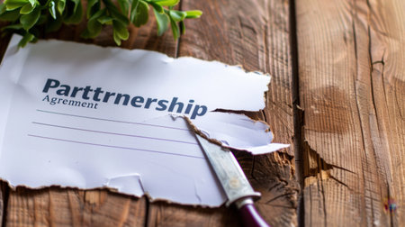 A close-up view of a torn partnership agreement document on a rustic wooden table with a small green plant in the background, symbolizing business collaboration.の素材