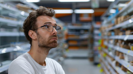 A thoughtful young man wearing glasses appears to be deep in contemplation while standing in a grocery store aisle surrounded by various products.の素材