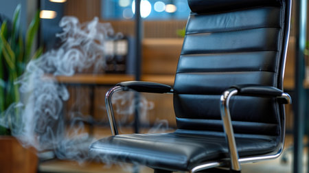 A sleek modern black office chair sits in a contemporary workspace, surrounded by hints of smoke, creating an intriguing and stylish atmosphere.の素材