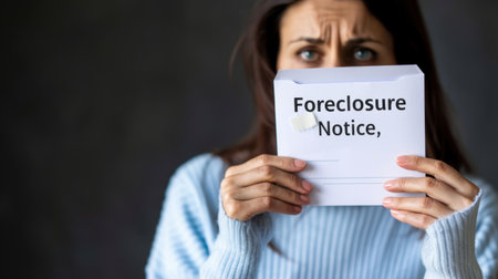 A woman appears distressed while holding a foreclosure notice, showcasing a moment of financial hardship and anxiety. The dim light enhances the tense atmosphere.の素材