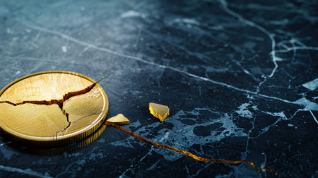 A striking image of a cracked gold coin lying on a polished marble surface, representing themes of financial loss and economic downturn. The fine details and textures create a dramatic visual impact.の素材